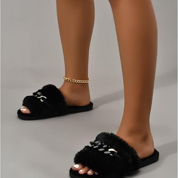 Neiman Marcus Faux Fur Women's Rhinestone Fuzzy Slippers - Picture 4 of 5